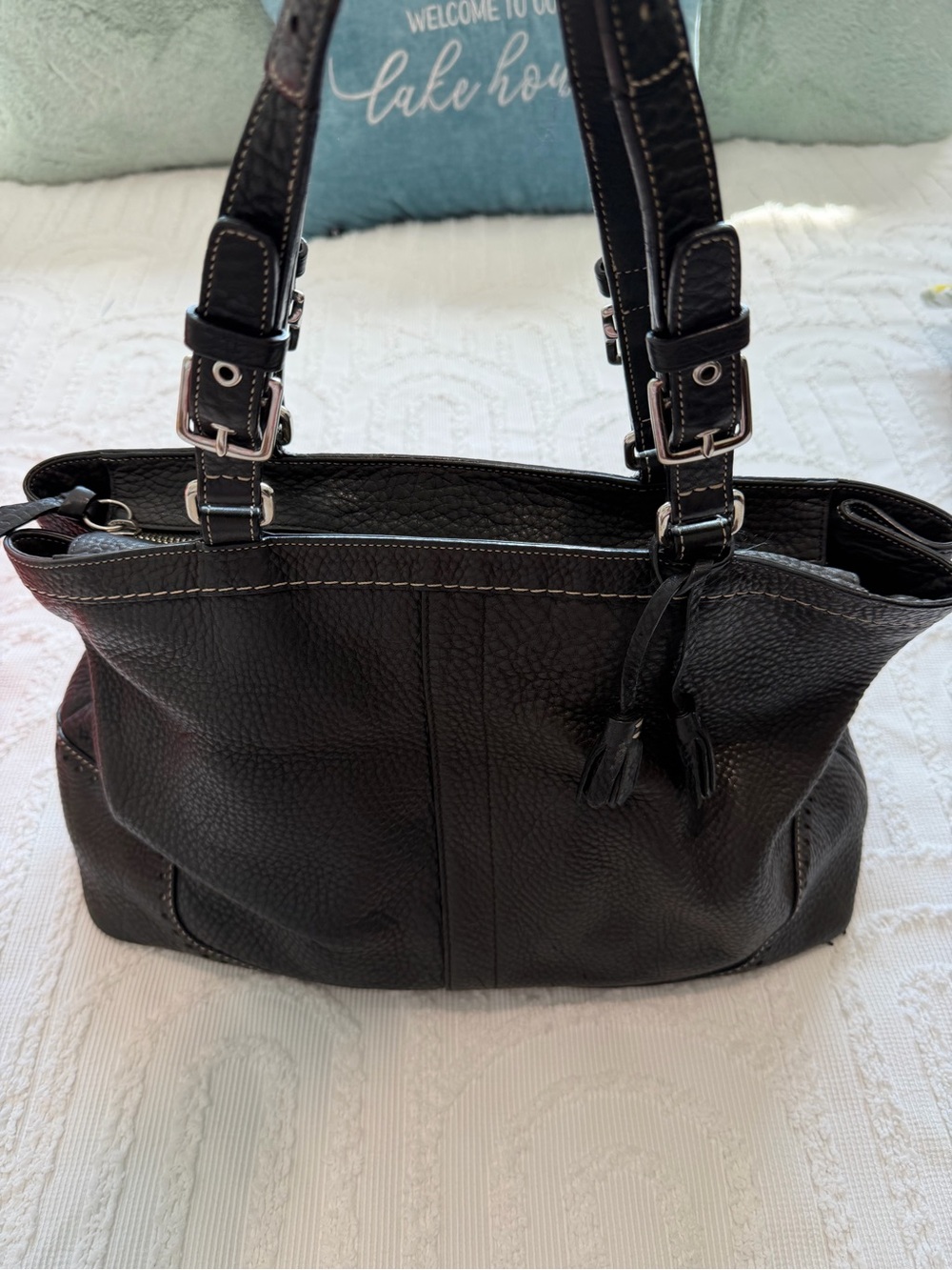 Coach Black Pebbled Leather Shoulder Bag with Buckle Straps